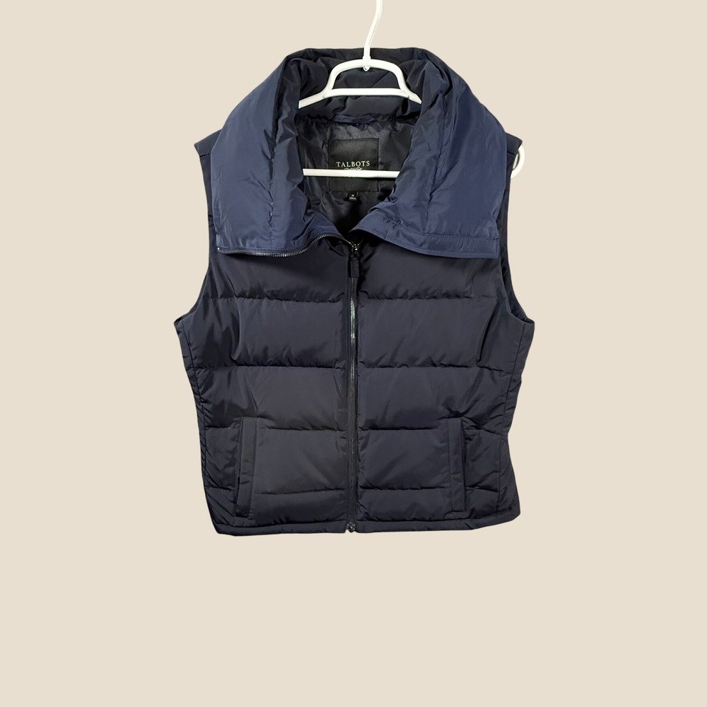 Talbots Womens Navy Blue Down Puffer Vest Funnel Neck Quilted Size Medium VN1364